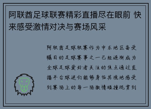 阿联酋足球联赛精彩直播尽在眼前 快来感受激情对决与赛场风采