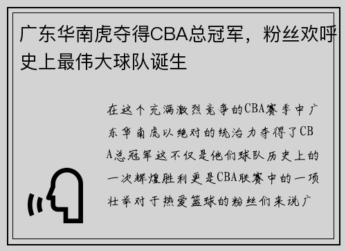 广东华南虎夺得CBA总冠军，粉丝欢呼史上最伟大球队诞生
