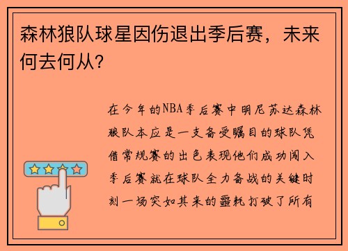 森林狼队球星因伤退出季后赛，未来何去何从？