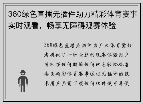 360绿色直播无插件助力精彩体育赛事实时观看，畅享无障碍观赛体验