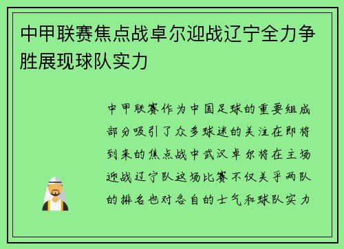 中甲联赛焦点战卓尔迎战辽宁全力争胜展现球队实力