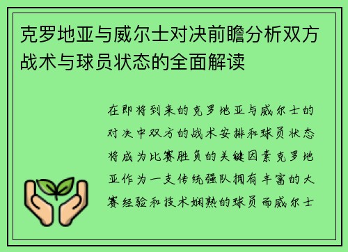 克罗地亚与威尔士对决前瞻分析双方战术与球员状态的全面解读